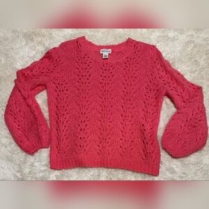 FOR THE REPUBLIC Crochet Sweater With Ribbed Bottom Bubble Sleeve Pink Sz. XL